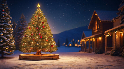 A serene snowy village at night featuring a beautifully lit Christmas tree in the center of the scene.