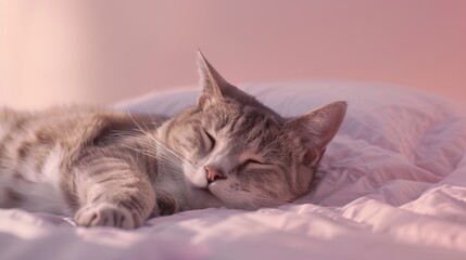 A cute domestic cat lazily sleeping on a bed, creating a soothing and cozy atmosphere