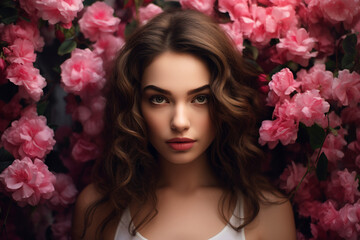 Naklejka premium Woman face surrounded by fresh blossoms springtime background generative ai