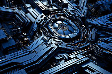 Blue futuristic industrial complex mechanism with intricate details and high-tech design. Ideal for illustrating advanced engineering, technology and industrial innovation