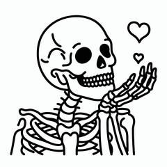  Skeleton blowing kisses Valentine Silhouette Cute Doodle Cartoon Line Art Vector Clipart illustration  