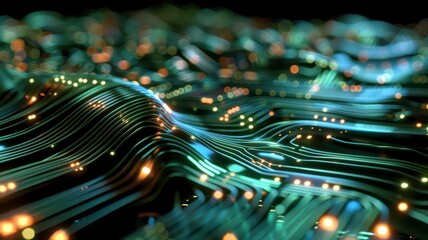 Dynamic wave of data flowing over semiconductor chips, representing data processing, data wave, the power of semiconductor data handling