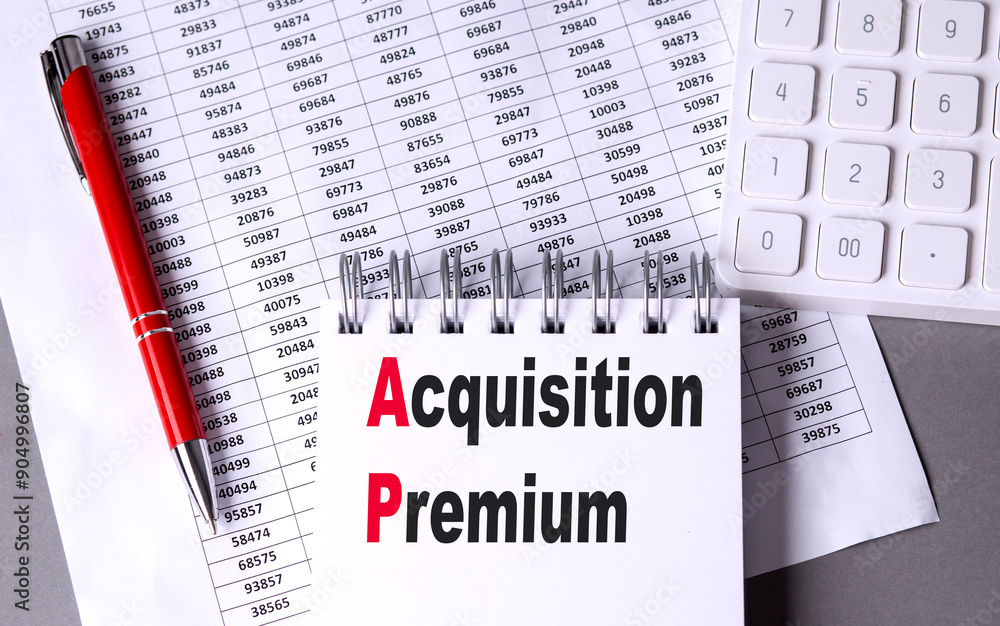 Poster acquisition premium text on notebook with chart , pen and calculator