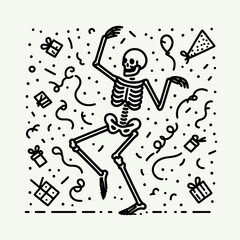 Skeleton dancing with confetti falling New Year celebration party Silhouette   Cute Doodle Cartoon Line Art Vector Clipart illustration