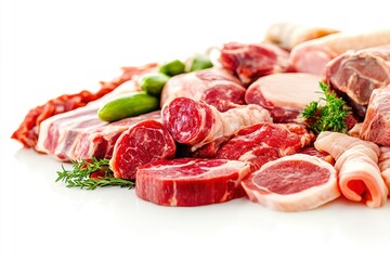 Meat assortment, different raw meat isolated on white background, full depth of field , ai