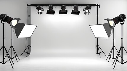A photo studio with lighting equipment in a white room