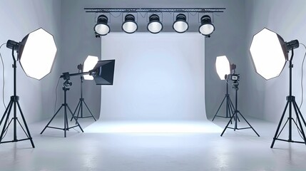 A photo studio with lighting equipment in a white room