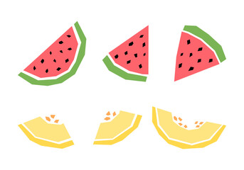 Set of cartoon watermelon and melon slice isolated on white. Geometric fruits collection elements for logo, print, design.