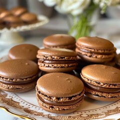 A plate of chocolate macarons on a table with flowers in the background