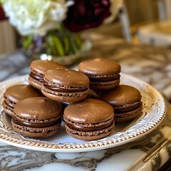 A plate of chocolate macarons on a table with flowers in the background