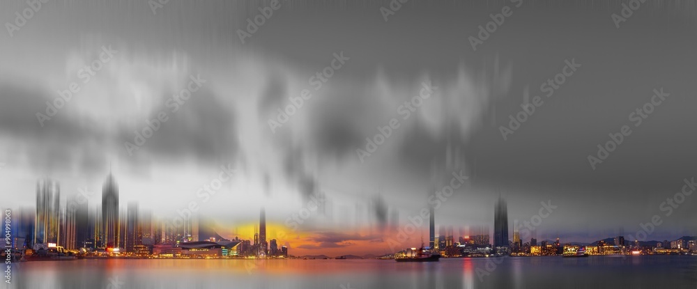 Poster an evening cityscape in hong kong, china with a blurry skyline and a gray sky. the city lights creat