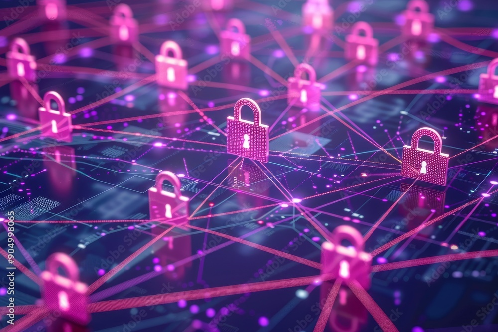 Poster futuristic digital network with vibrant pink locks, symbolizing advanced cyber security in a dynamic