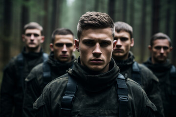 Fototapeta premium Special forces soldiers go to military operation in forest generative AI