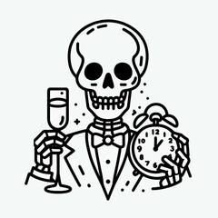 Skeleton in a tuxedo holding a clock New Year celebration party Silhouette   Cute Doodle Cartoon Line Art Vector Clipart illustration