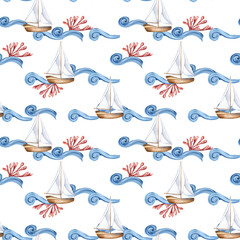 Small ship sailing on blue waves with red coral in watercolor seamless pattern. Pattern of sailboat in cute style. Nautical child illustration hand drawn. Marine design for textile, packaging, cover