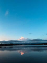 Quiet lake surface at sunset, very peaceful, no people, lake reflection background. Tranquil dusk reflected in a lake in Scandinavia.