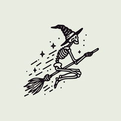 Fototapeta premium Skeleton in a witch hat on a broomstick Silhouette Cute Doodle Cartoon Line Art Vector Clipart illustration