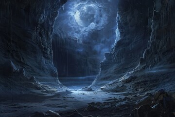 Mystical moonlight shines through a narrow mountain pass