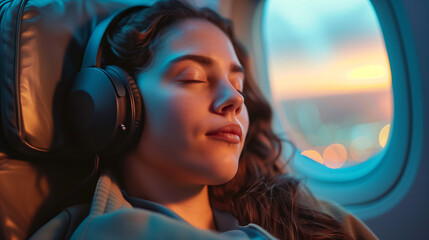 A close-up of a woman in a plane seat, eyes closed and headphones on, immersed in relaxation, soft cabin lighting creating a cozy and peaceful environment, A woman relaxing comfortably in a plane.