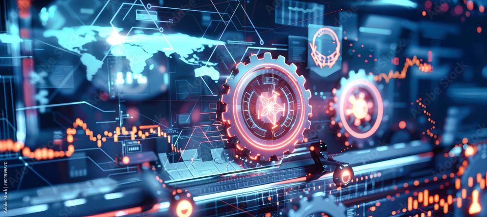 Poster red glowing gears spin over a digital landscape of charts and patterns, symbolizing the integration 