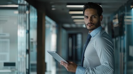 Fototapeta premium young professional Latin businessman, looking at the camera while holding a digital tablet, stands in an office for a vertical portrait