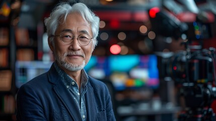 Fototapeta premium Distinguished Older Man Smiling Confidently in a Modern Studio Environment During an Interview Session