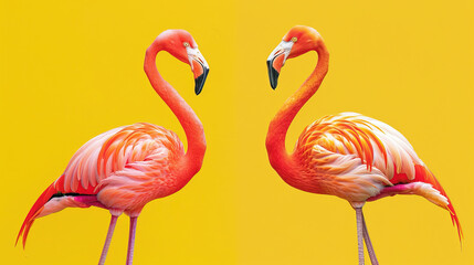 Left and right a couple of flamingo in the middle free space with clean yellow background. Cute wallpaper photo background for desktop, valentine day, presentation.