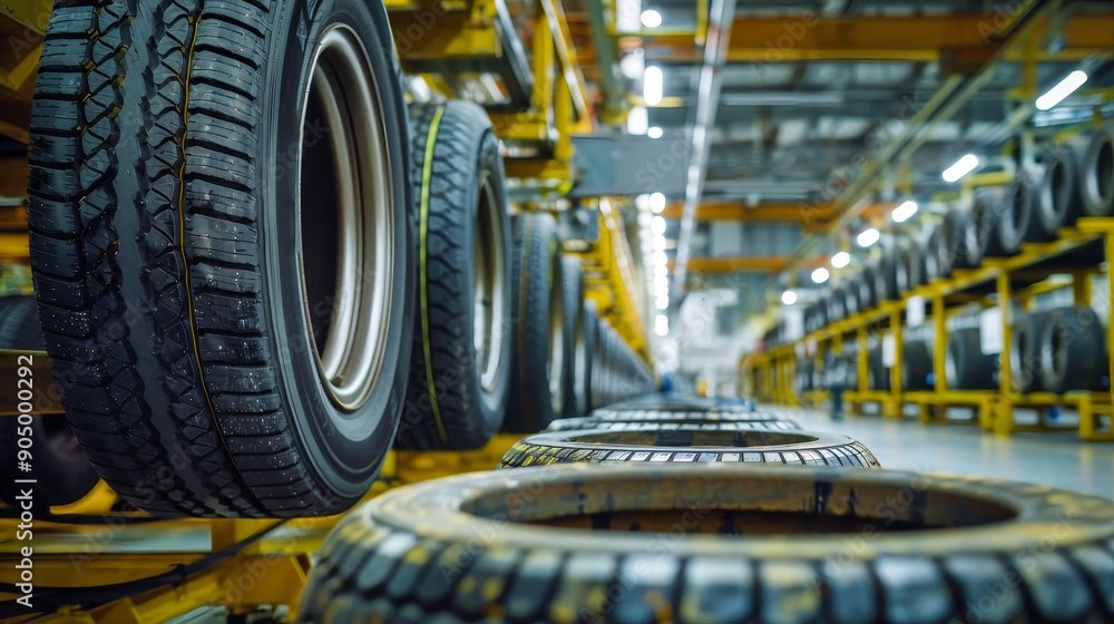 Poster a close-up view of tires on a production line in a factory, highlighting the intricate details of ti