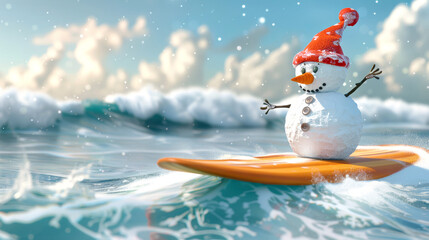 A cheerful snowman, wearing a red hat, rides a surfboard on a winter beach. The ocean is choppy and covered with whitecaps