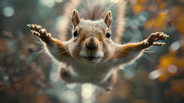 photo of a squirrel flying from the top of a tree while smiling