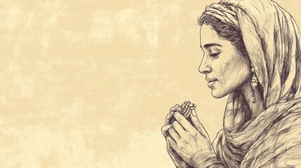 Israelite Woman Offers Beautifully Crafted Jewelry, Showing Dedication and Joy - Biblical Illustration, Bible Wall Art, Beige Background - Exodus Offerings for the Sanctuary