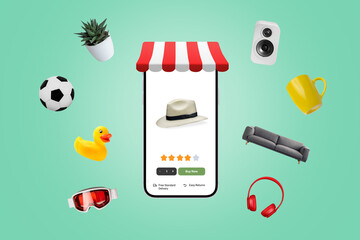 Phone shopp with e-commerce app and flying products around. Concept of online shopping and digital retail experience © Stanisic Vladimir