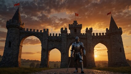 A knight waiting in front of a castle gate, with a magnificent sunset in the background.