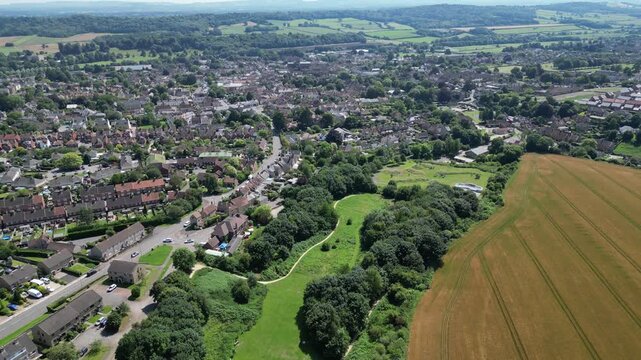 Sherborne, Dorset, England: DRONE VIEWS: Shows the north-west of the town of Sherborne including houses and roads. Sherborne is an affluent market town and popular UK tourist destination.