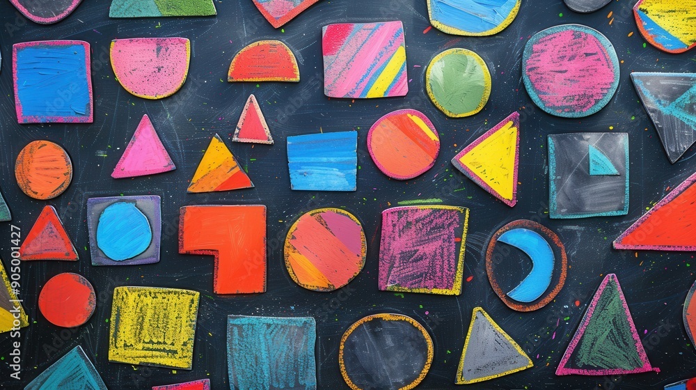 Poster a blackboard displays a vibrant array of geometric shapes and patterns created with chalk, showcasin
