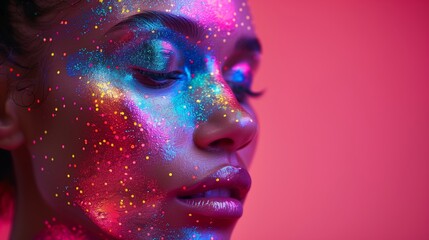 Glowing Portrait of a Woman With Colorful Face Paint Against a Pink Background