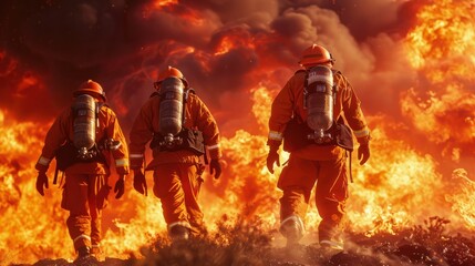 A group of firefighters are in orange suits and are standing in front of a fire. The scene is intense and dramatic, with the firefighters working together to put out the fire
