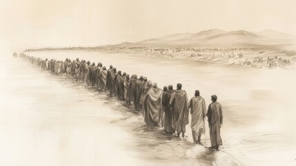 Israelites Stepping Cautiously onto Dry Path Between Parted Waters, Amazed - Biblical Illustration, Bible Wall Art, Beige Background - Exodus Red Sea Crossing