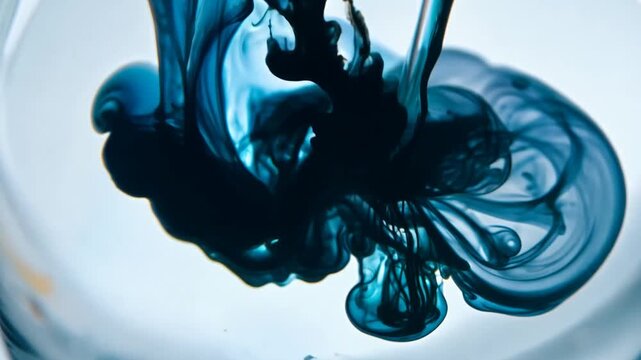 Blue ink swirling and spreading gracefully in clear water creating abstract shapes