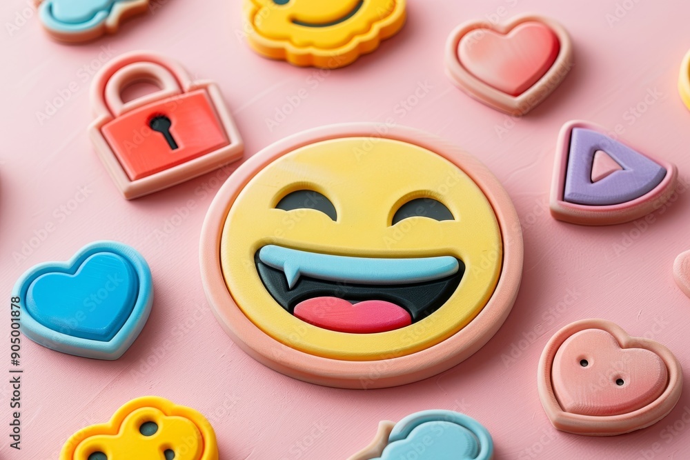 Poster emoticons on a pink digital surface, blending emotions with secure digital interactions in a playful