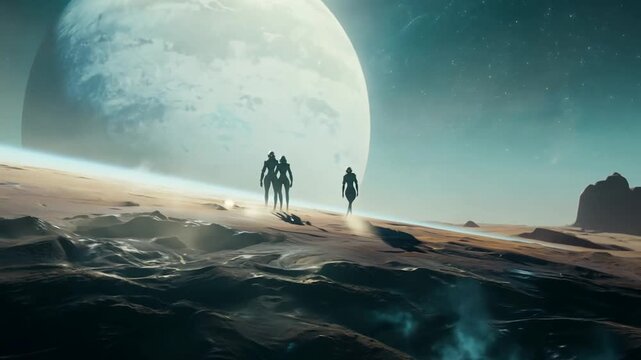 Three aliens walking on the surface of a mysterious and foreign planet