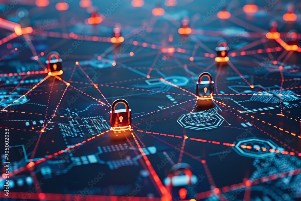 Poster network of glowing digital locks on a circuit board, depicting strong cybersecurity in an interconne