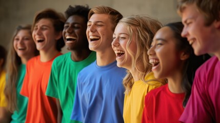 Fototapeta premium A group of young people wearing different colored shirts are laughing together