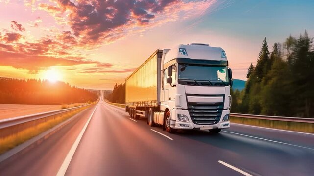 Truck on the road at sunset. Freight transportation concept. Lorry driving on highway. Logistic industry. Cargo delivery business. Trucking vehicle in motion. Automobile shipping. Clear way.