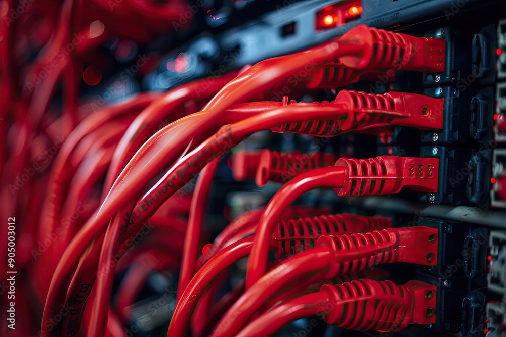 Poster close-up of red network cables. this photo can be used for a tech-related concept, such as data tran