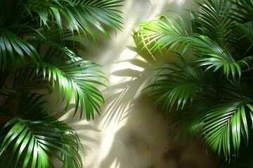 Naklejka premium Lush Green Palm Leaves in Sunlight - Tropical Natural Ambiance for Posters, Backgrounds, and Nature Designs
