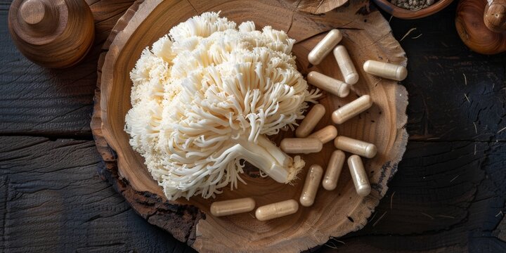 Lion's Mane Mushroom and Capsules on Pastel Background