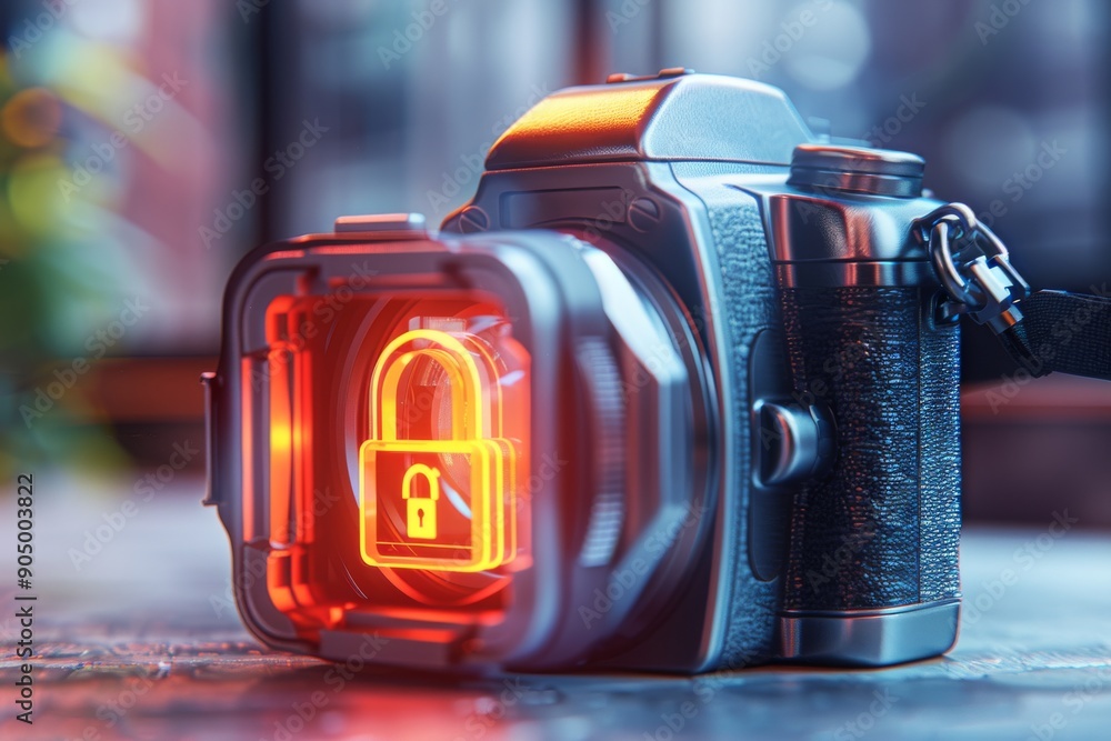 Aufkleber vintage camera with a digital lock, merging nostalgia with modern digital security in a unique setup
