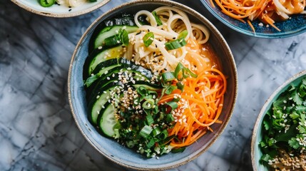 Fresh Asian Noodle Bowl with Vegetables and Sesame Seeds. Sesame Noodle Bowls