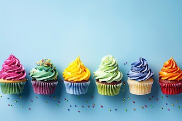A row of colorful cupcakes on blue. Perfect for a birthday, party, or celebration theme.